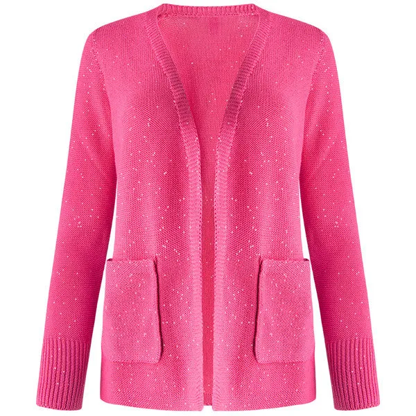 2 Pocket Long Sequin Open Cardigan in Geranio