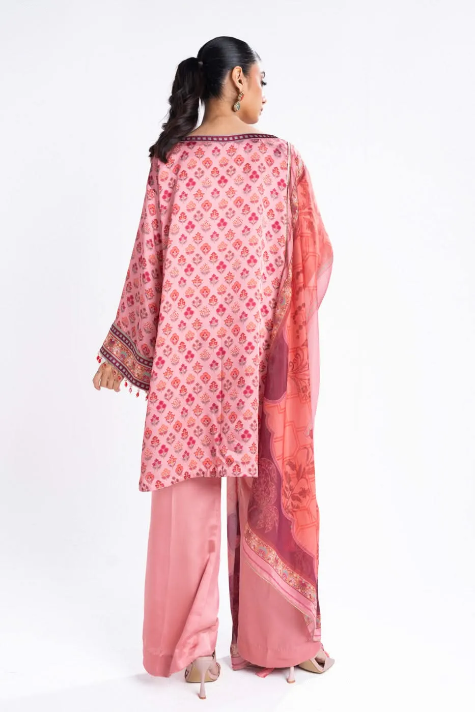 3 Piece Printed Chamois Silk Suit With Printed Tissue Silk Dupatta