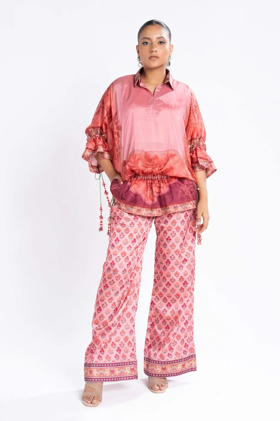 3 Piece Printed Chamois Silk Suit With Printed Tissue Silk Dupatta
