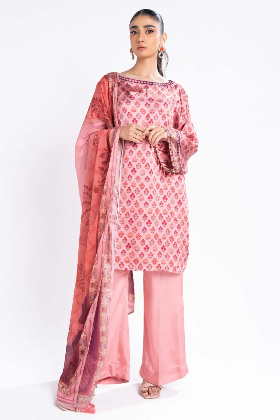 3 Piece Printed Chamois Silk Suit With Printed Tissue Silk Dupatta
