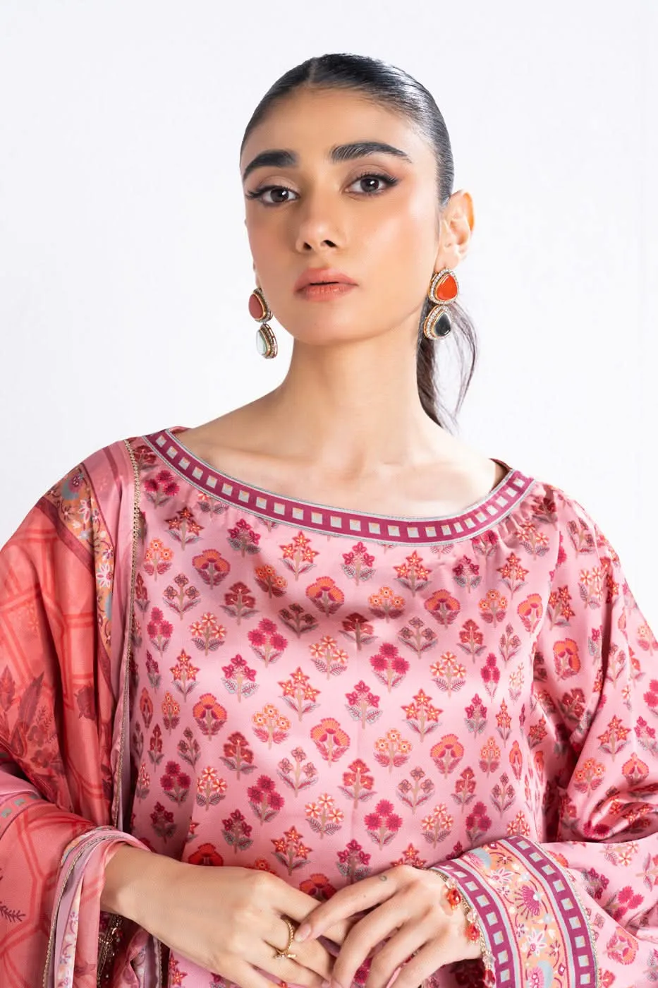 3 Piece Printed Chamois Silk Suit With Printed Tissue Silk Dupatta