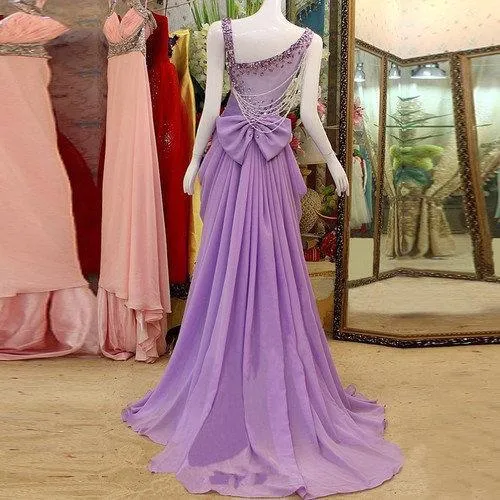 A-line Scoop-Neck Sweep Train Chiffon Lilac Prom Dresses With Crystal HX0098