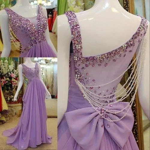 A-line Scoop-Neck Sweep Train Chiffon Lilac Prom Dresses With Crystal HX0098