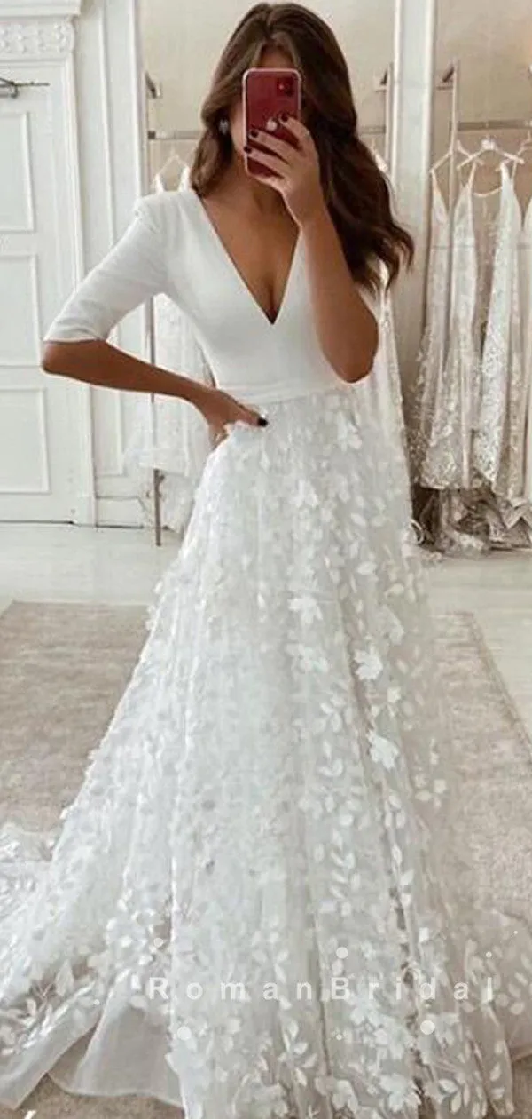 A-Line V-Neck 3/4 Sleeves Long Wedding Dresses With Lace,RBWD0010