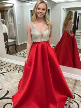 A-line V-neck Sweep Train Satin Red Prom Dresses With Rhine Stones ASD27102