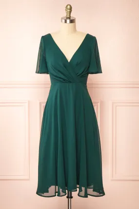 Adelie Green | V-Neck Chiffon Midi Dress