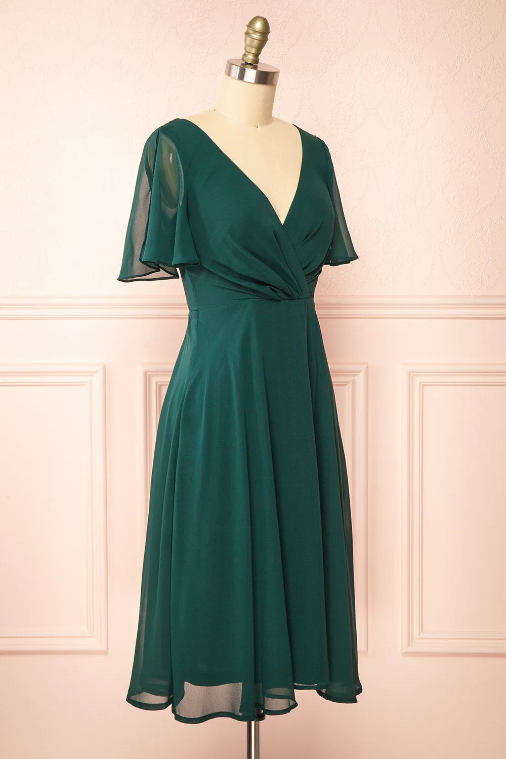Adelie Green | V-Neck Chiffon Midi Dress