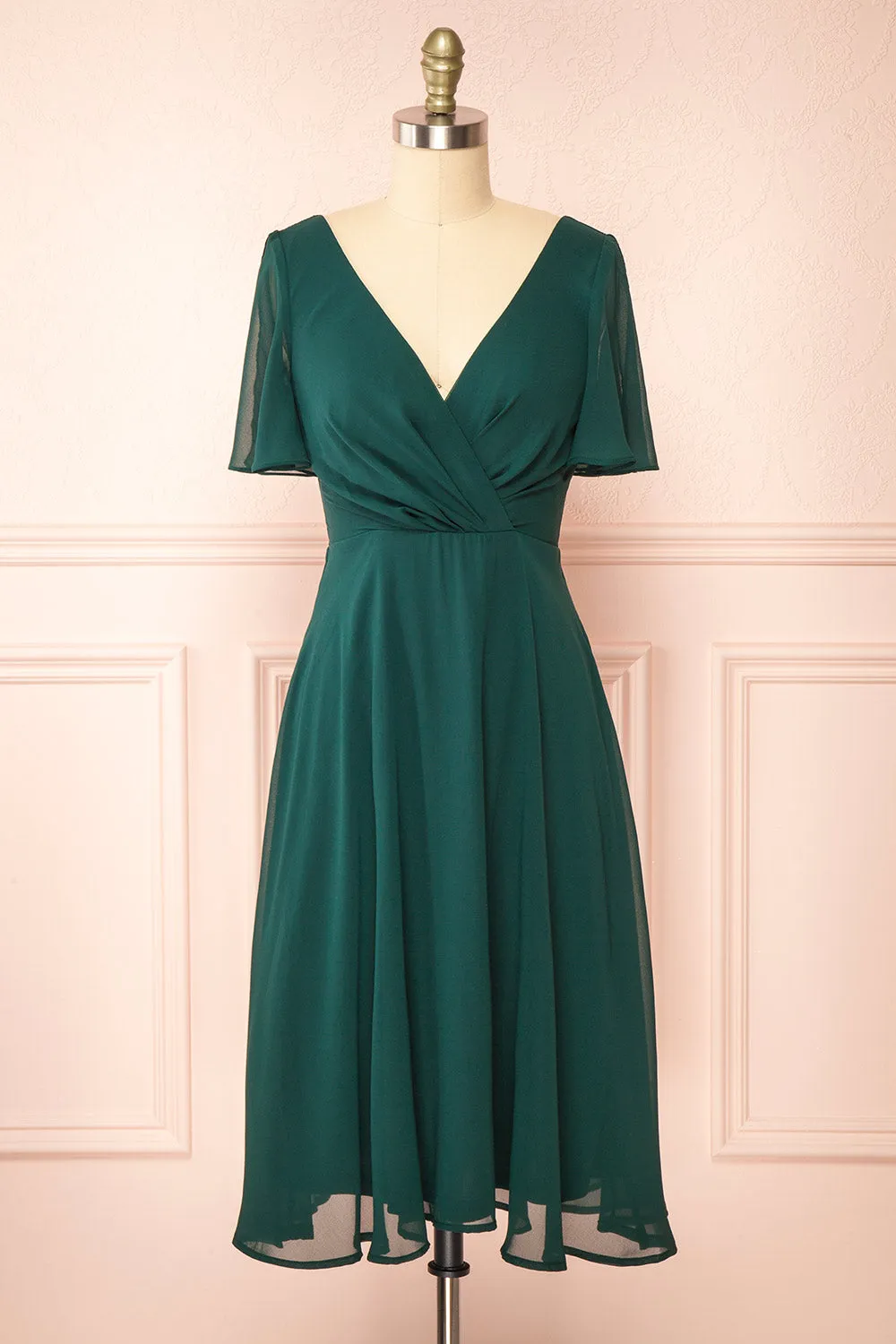Adelie Green | V-Neck Chiffon Midi Dress