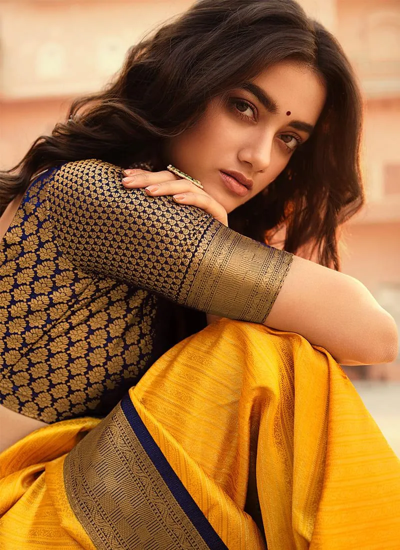 Artistic Yellow Color Kanjiveram Soft Silk Base Saree With Silk Weave