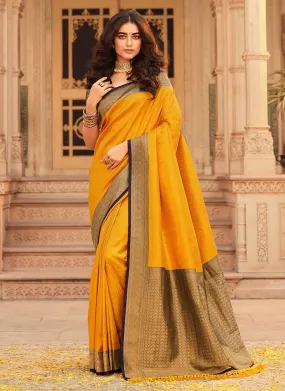 Artistic Yellow Color Kanjiveram Soft Silk Base Saree With Silk Weave