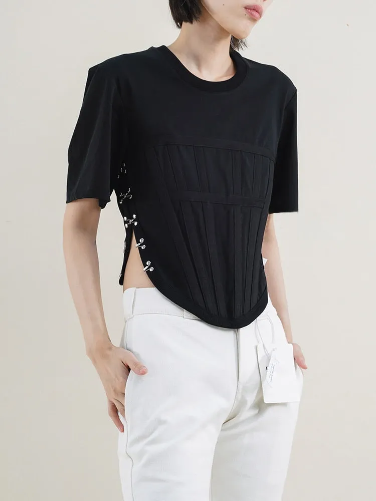 Asymmetrical Hem T Shirts For Women Round Neck Short Sleeve Slim Summer Pullover Summer T Shirt Female Fashion