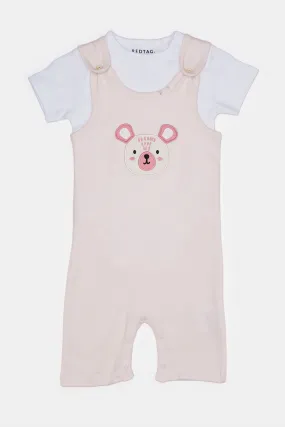 Baby Beige And White Printed Dungaree Set (2 Piece)
