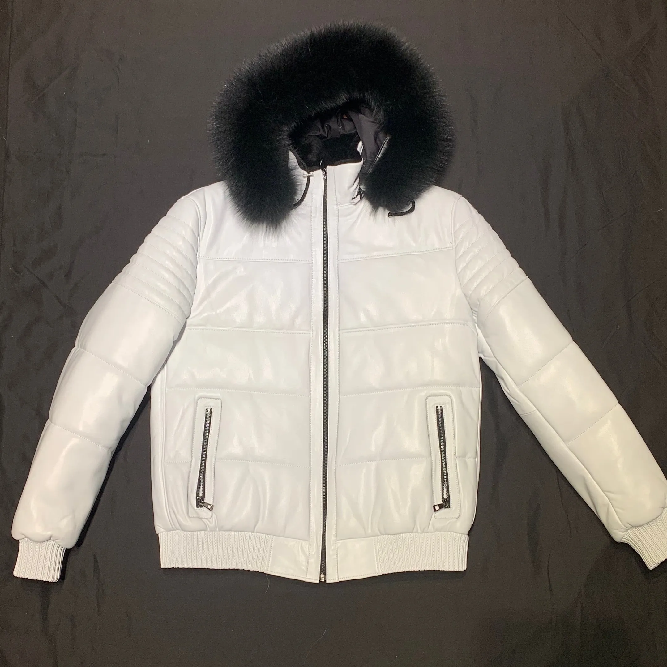 Barya NewYork White Quilted Lambskin Black Fox Fur Hooded Bomber Jacket
