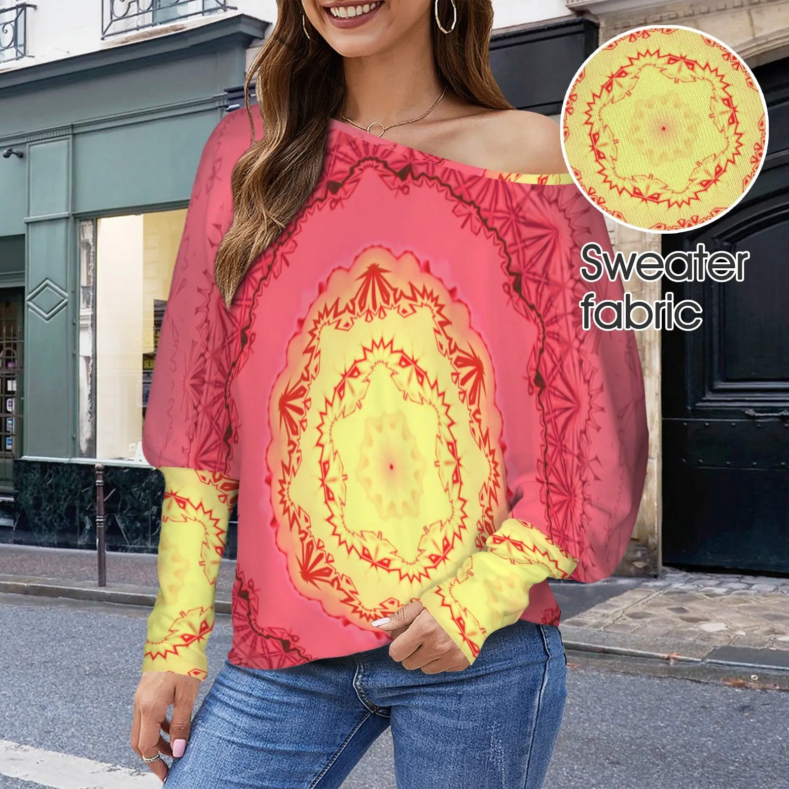 Batwing Long Sleeve Sweater Red Yellow Medallion