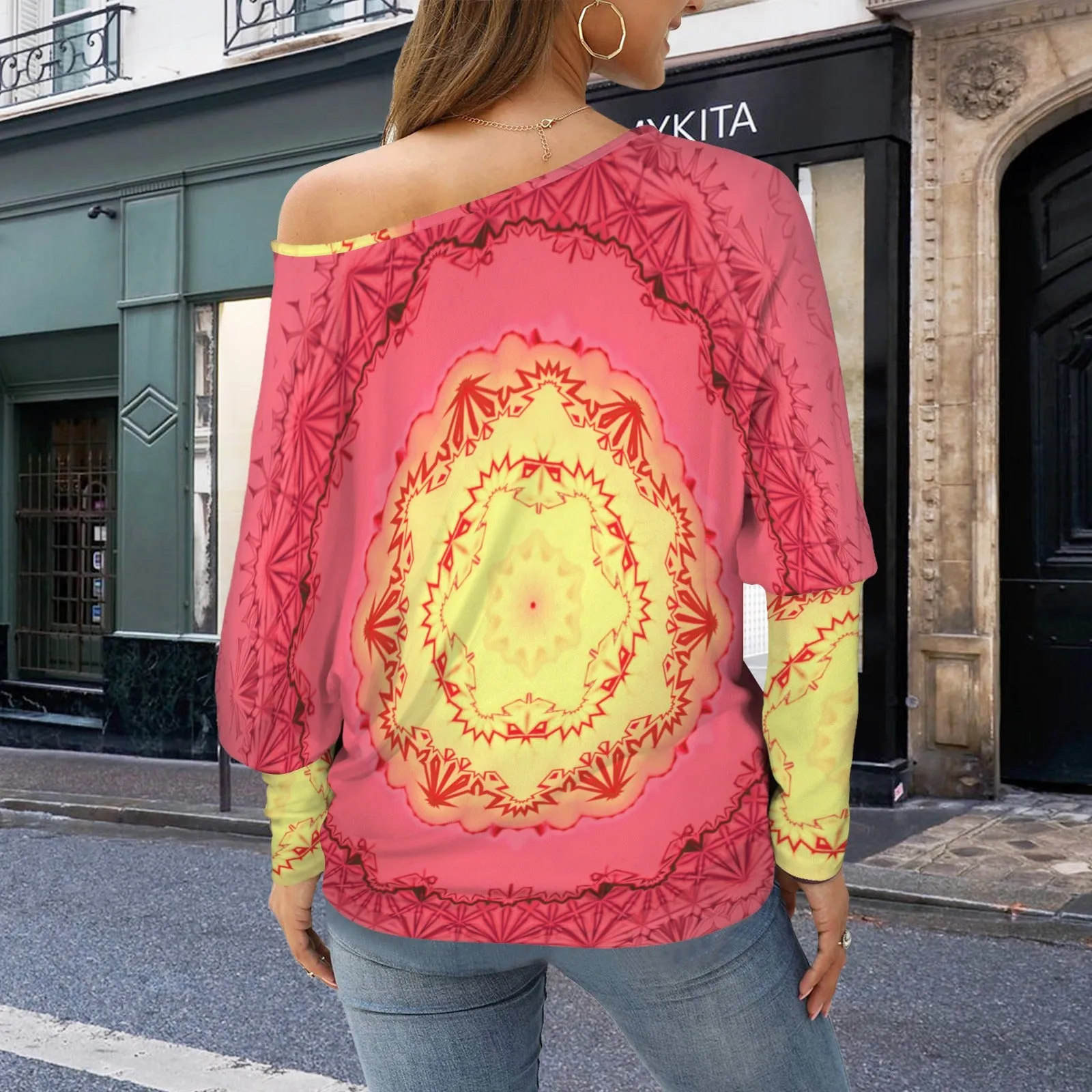 Batwing Long Sleeve Sweater Red Yellow Medallion