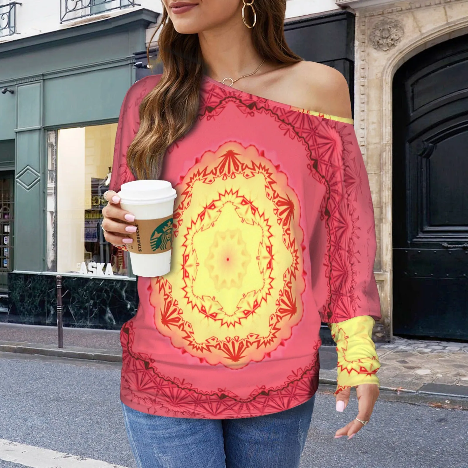 Batwing Long Sleeve Sweater Red Yellow Medallion