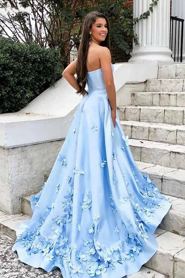 Beautiful Sky Blue Satin Sweetheart 3D Floral Long Prom Dresses with Appliques, SP555