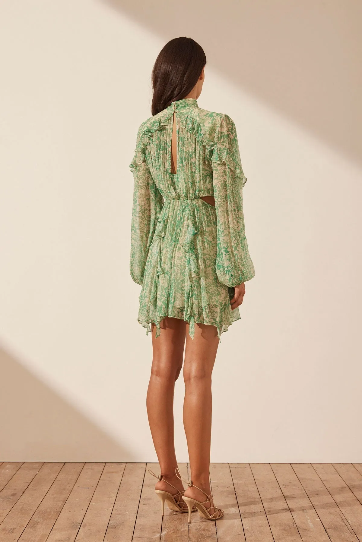 BELVEDERE HIGH NECK RUFFLE MINI DRESS
