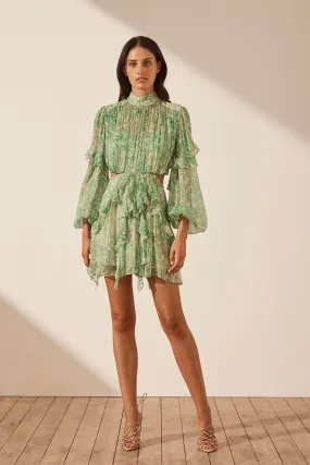 BELVEDERE HIGH NECK RUFFLE MINI DRESS