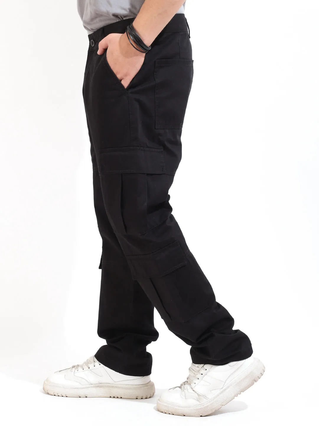 Black Peach Finish Cotton 8 Pocket Open Bottom Cargo