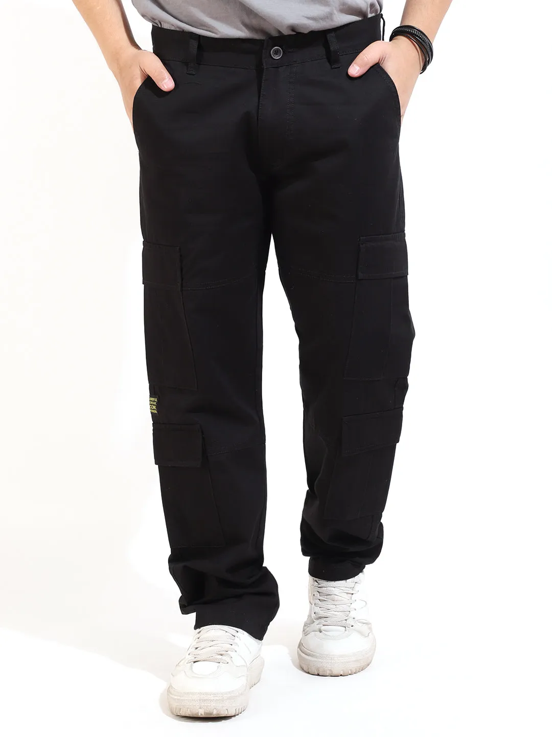 Black Peach Finish Cotton 8 Pocket Open Bottom Cargo