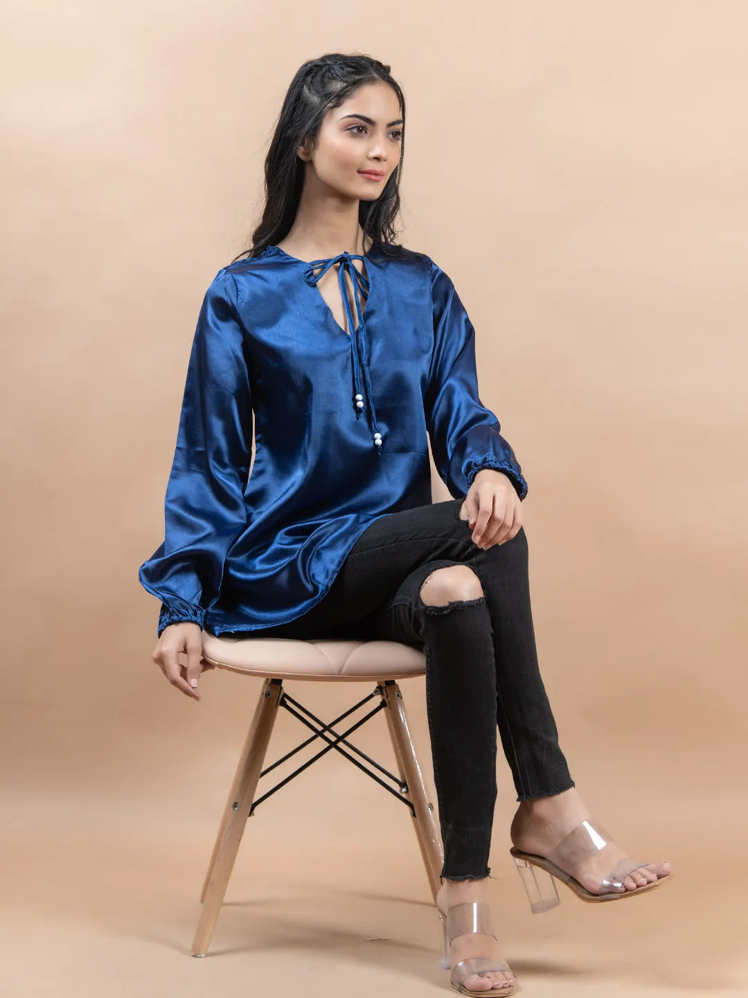 Blue Satin Full Sleeves Top