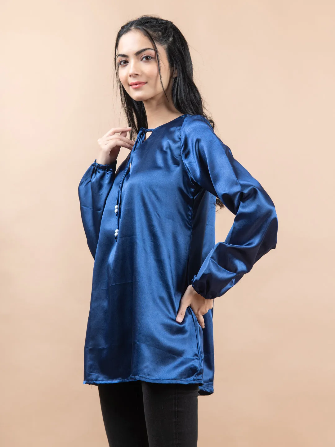 Blue Satin Full Sleeves Top