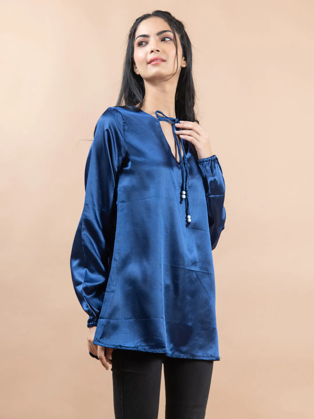 Blue Satin Full Sleeves Top