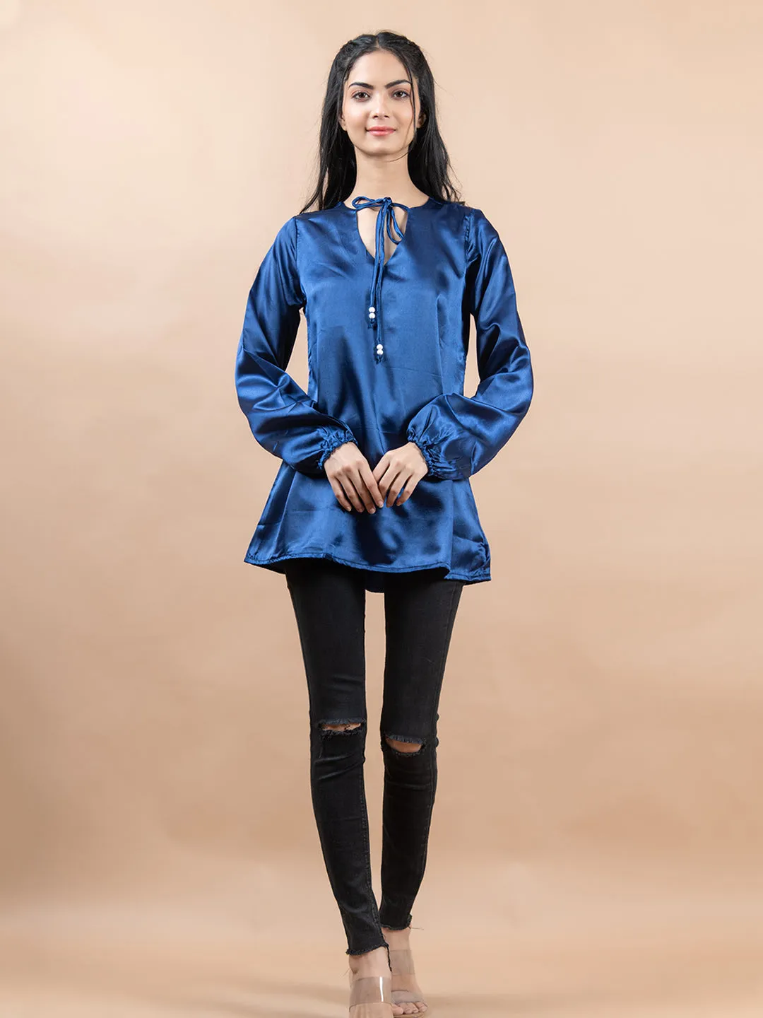 Blue Satin Full Sleeves Top