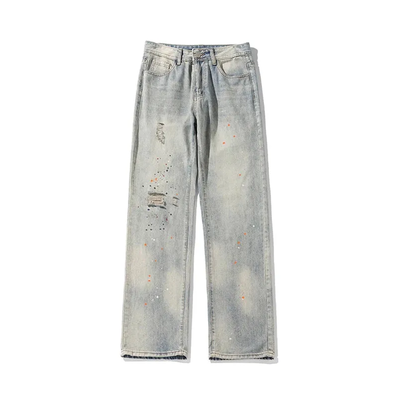 BONSIR  -  New Ripped Jeans Man Pants Colored Paint Dots Long Straight Casual Denim Trousers Fashion Oversized Streetwear Clothing Men