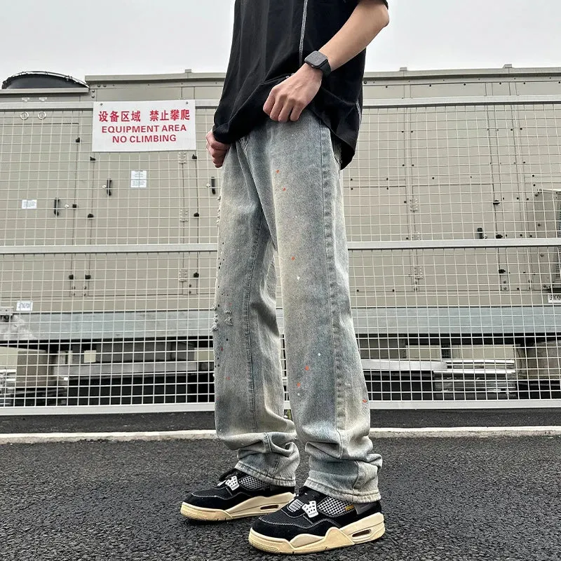 BONSIR  -  New Ripped Jeans Man Pants Colored Paint Dots Long Straight Casual Denim Trousers Fashion Oversized Streetwear Clothing Men