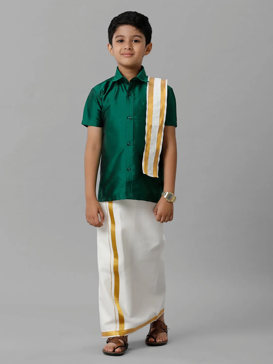 Boys Silk Cotton Green Half Sleeves Shirt with Adjustable Cream Dhoti Towel Combo K9