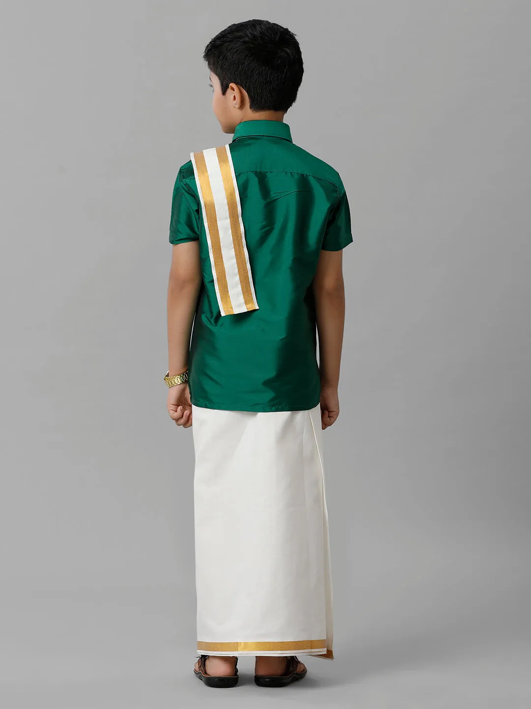 Boys Silk Cotton Green Half Sleeves Shirt with Adjustable Cream Dhoti Towel Combo K9