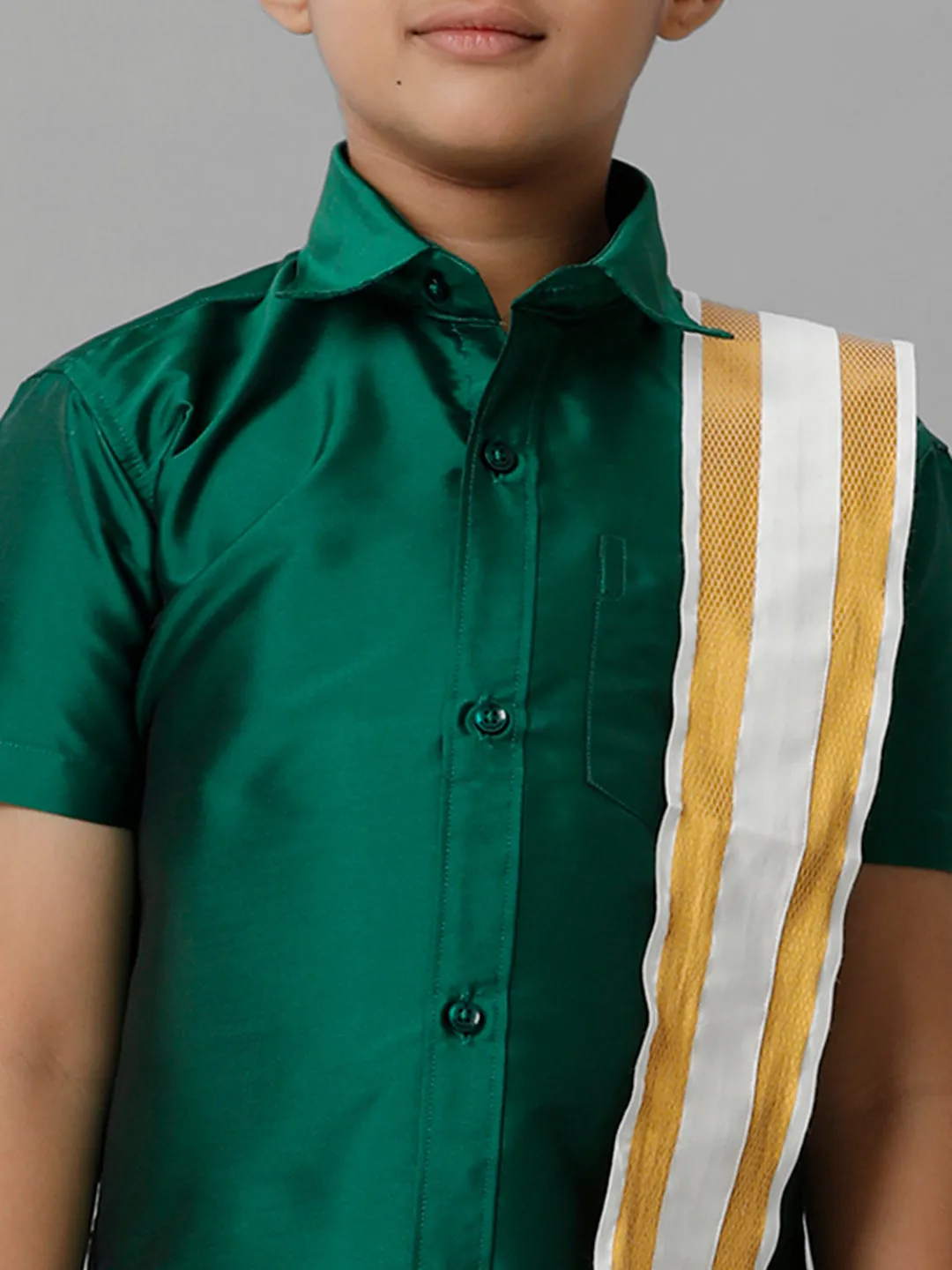Boys Silk Cotton Green Half Sleeves Shirt with Adjustable Cream Dhoti Towel Combo K9