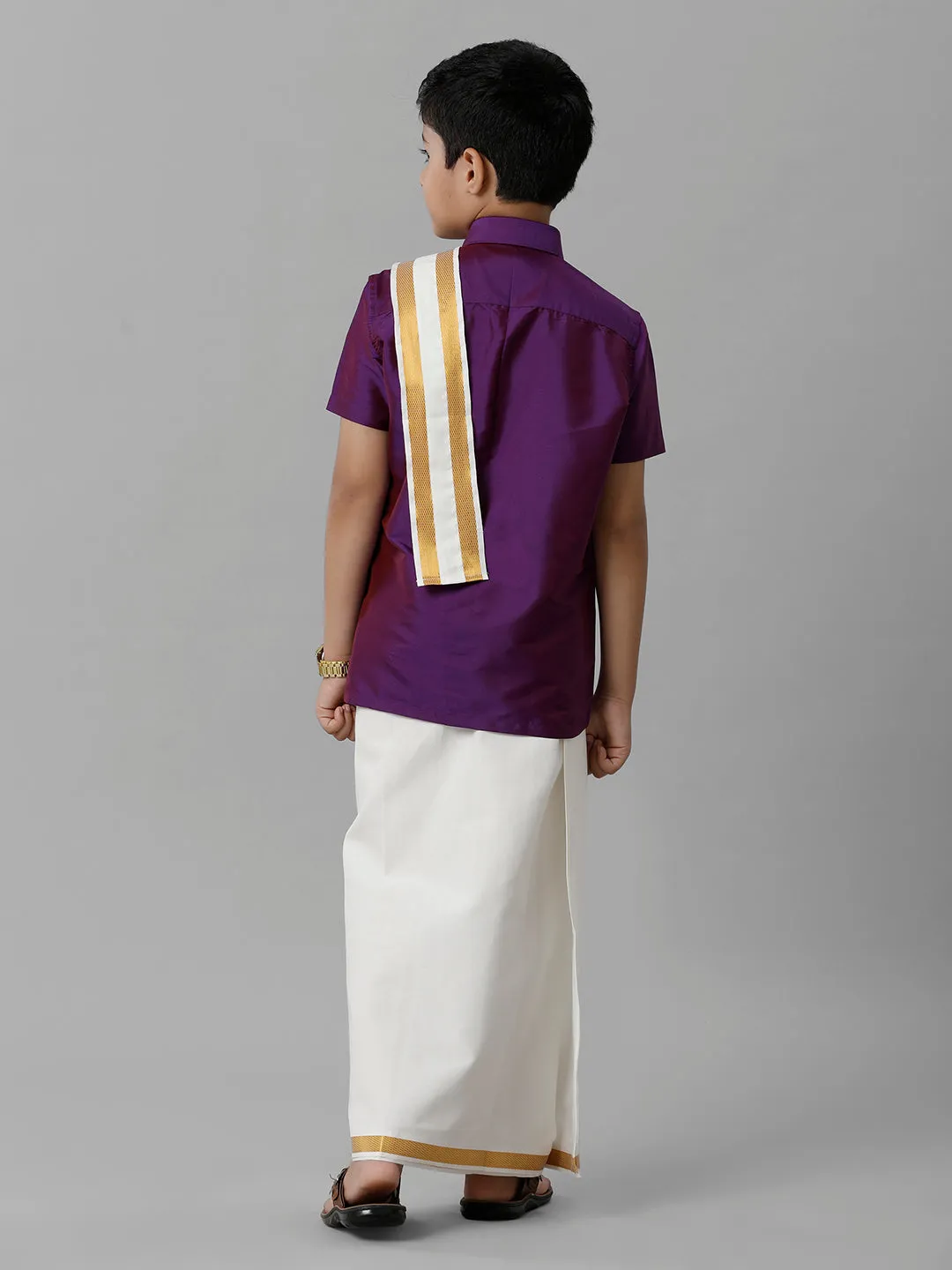 Boys Silk Cotton Violet Half Sleeves Shirt with Adjustable Cream Dhoti Towel Combo K21