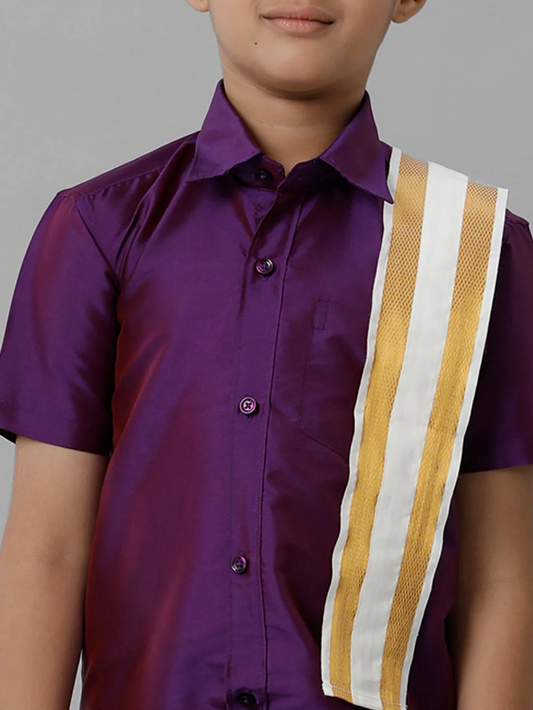 Boys Silk Cotton Violet Half Sleeves Shirt with Adjustable Cream Dhoti Towel Combo K21