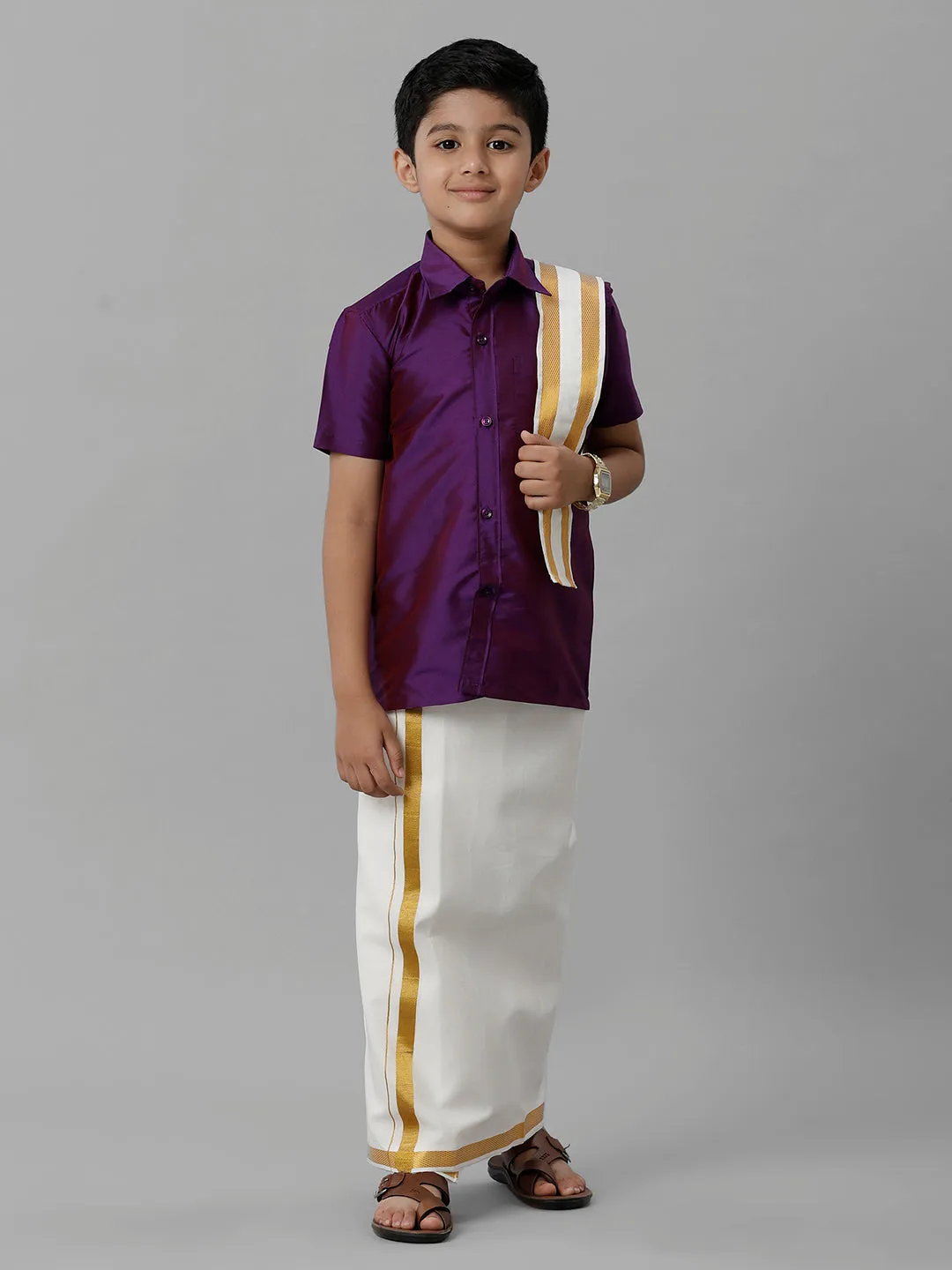 Boys Silk Cotton Violet Half Sleeves Shirt with Adjustable Cream Dhoti Towel Combo K21