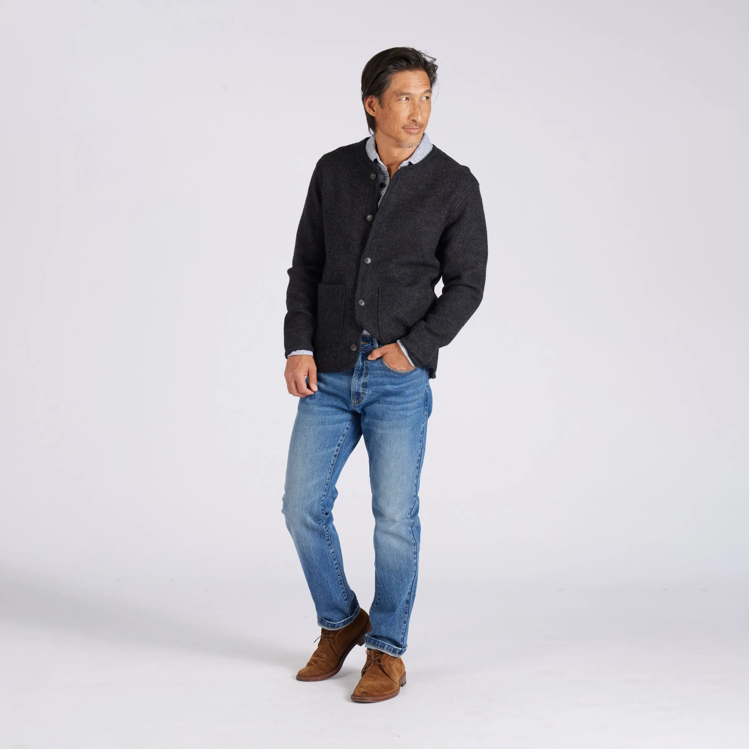 Charcoal Gray Burnham Jacket - Knitted Boiled Wool Liner for Warmth