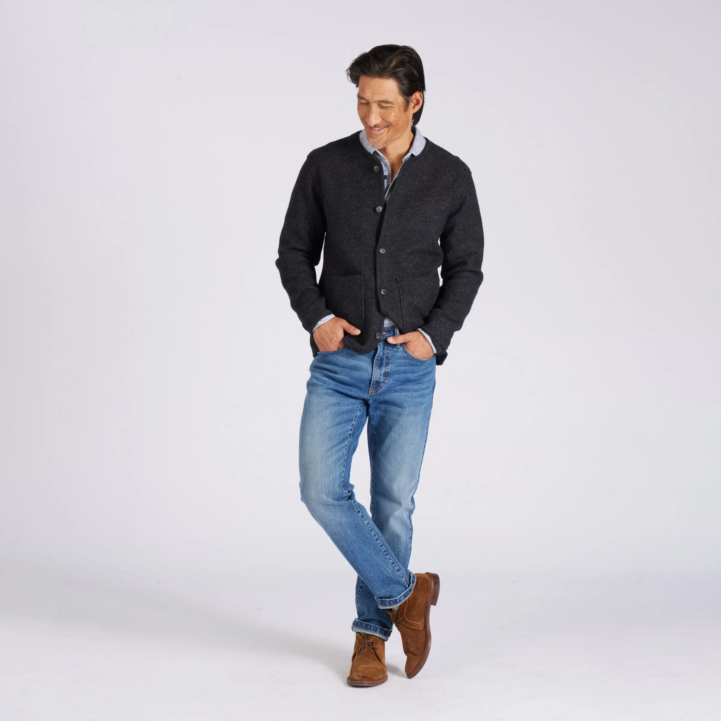 Charcoal Gray Burnham Jacket - Knitted Boiled Wool Liner for Warmth