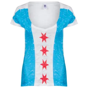 Chicago Women's White Full Body Vertical Chicago Flag V-Neck Tee-Shirt