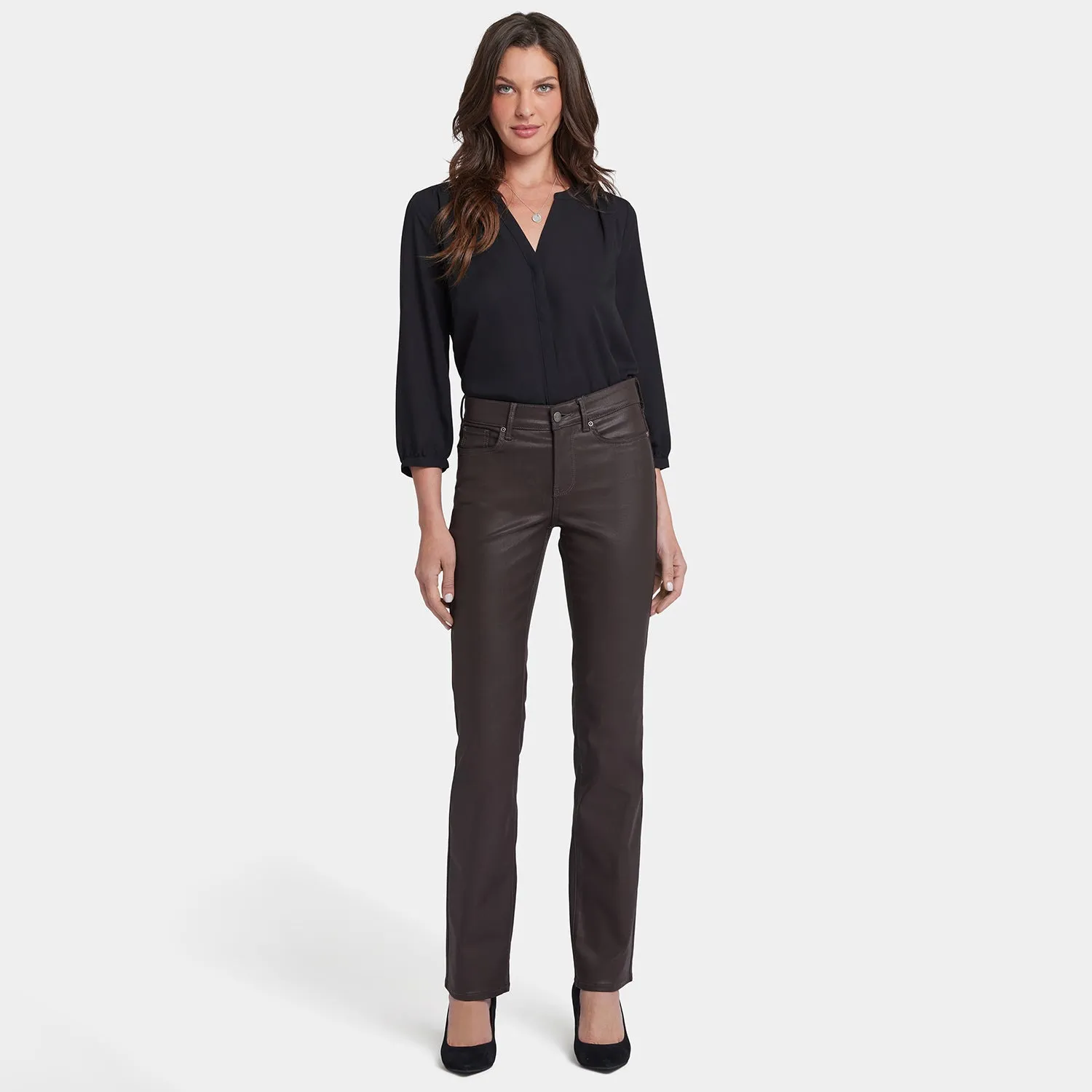 Coated Marilyn Straight Jeans In Petite - Coffee Bean Coated