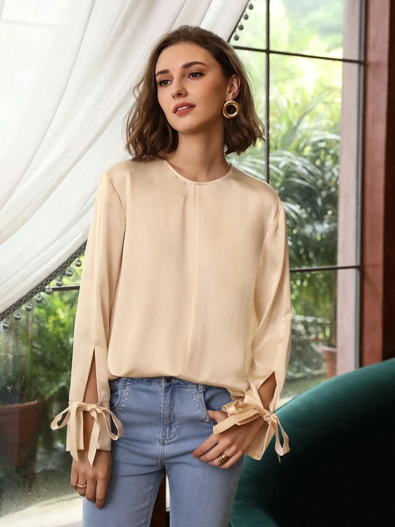 Comfortable 100% Silk Slit Sleeve Top Silk Straight Fit Top Silk Blouse for Women