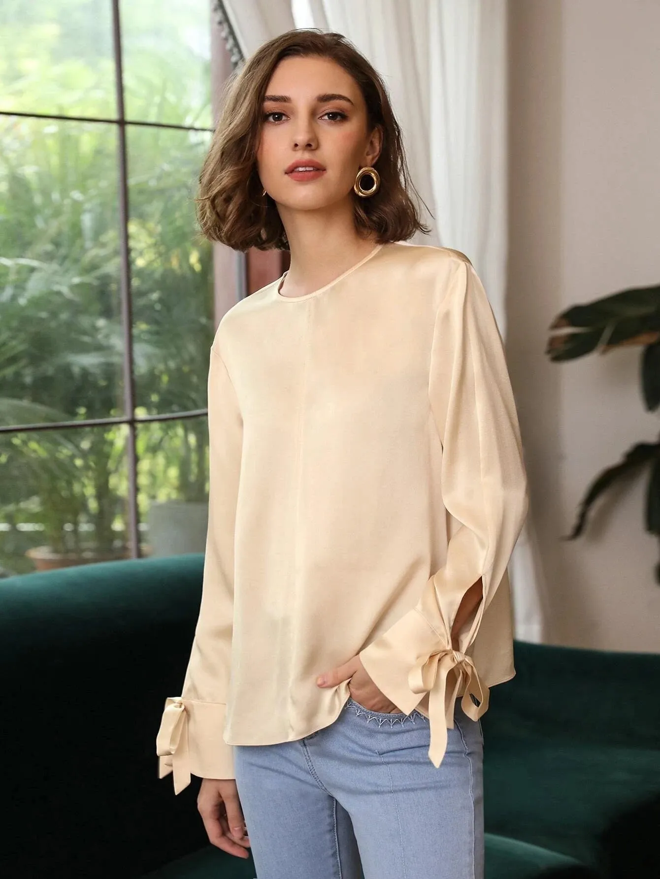 Comfortable 100% Silk Slit Sleeve Top Silk Straight Fit Top Silk Blouse for Women