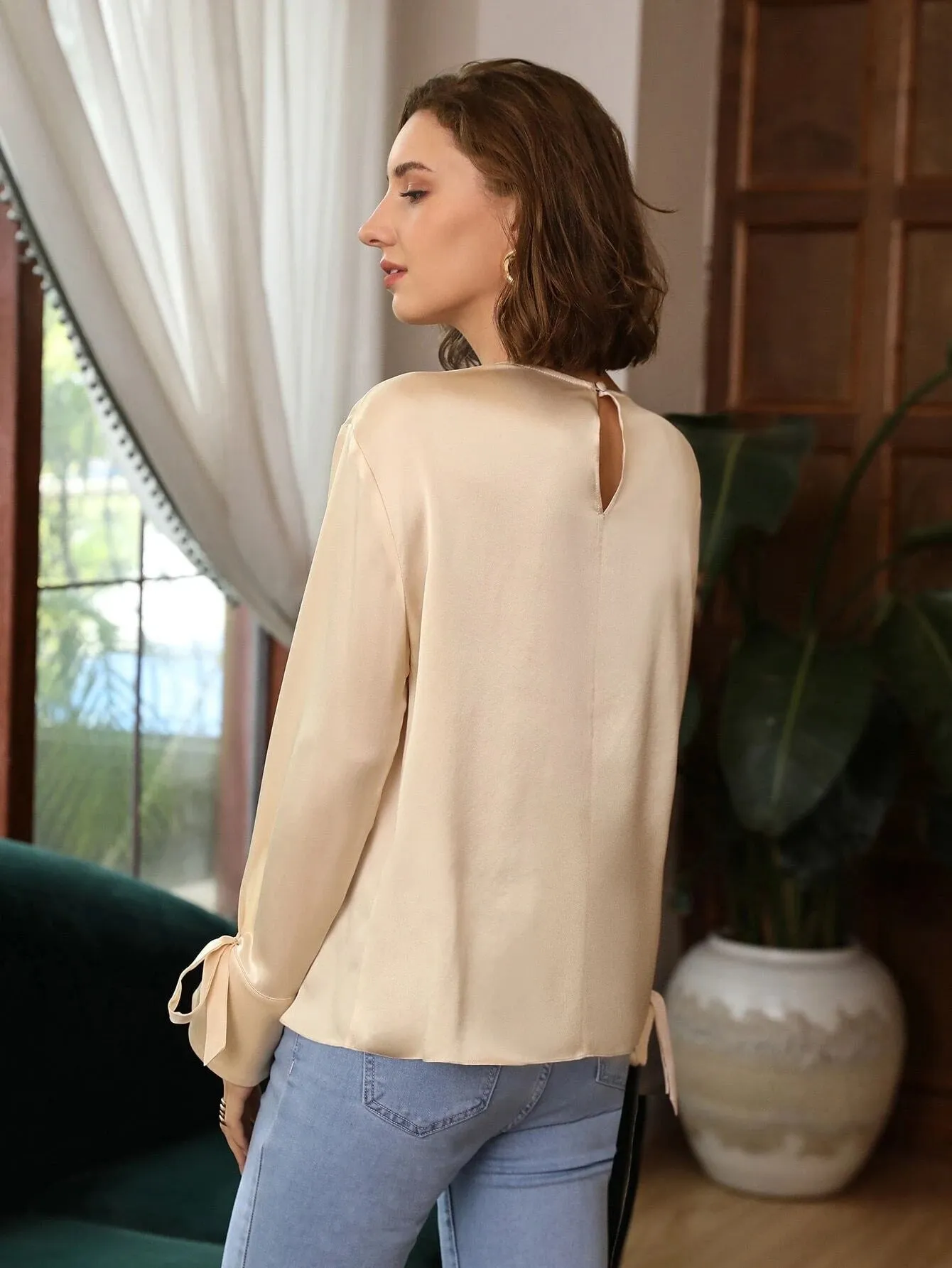 Comfortable 100% Silk Slit Sleeve Top Silk Straight Fit Top Silk Blouse for Women