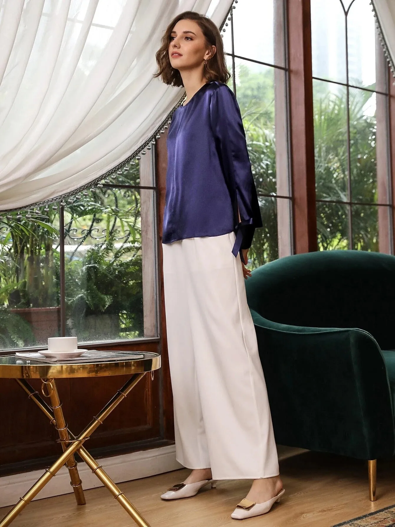 Comfortable 100% Silk Slit Sleeve Top Silk Straight Fit Top Silk Blouse for Women