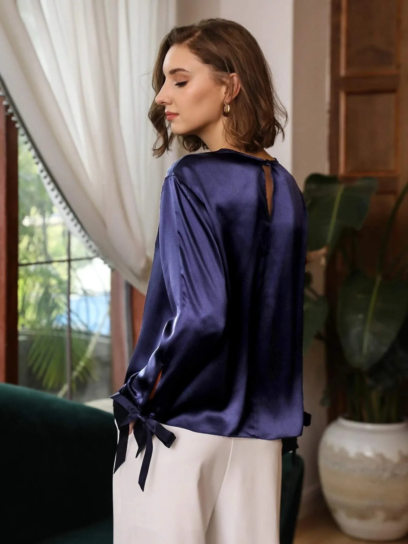 Comfortable 100% Silk Slit Sleeve Top Silk Straight Fit Top Silk Blouse for Women