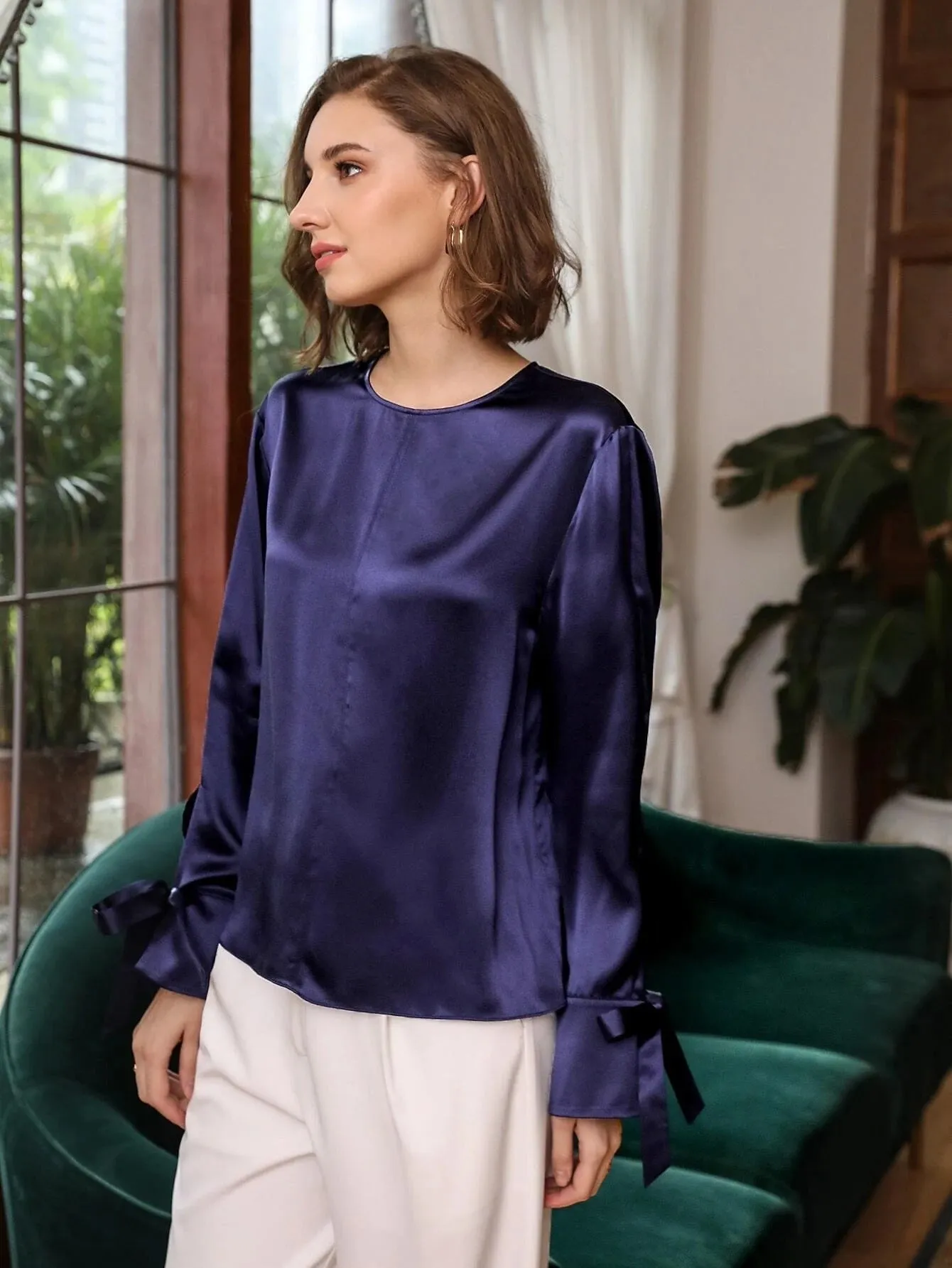 Comfortable 100% Silk Slit Sleeve Top Silk Straight Fit Top Silk Blouse for Women
