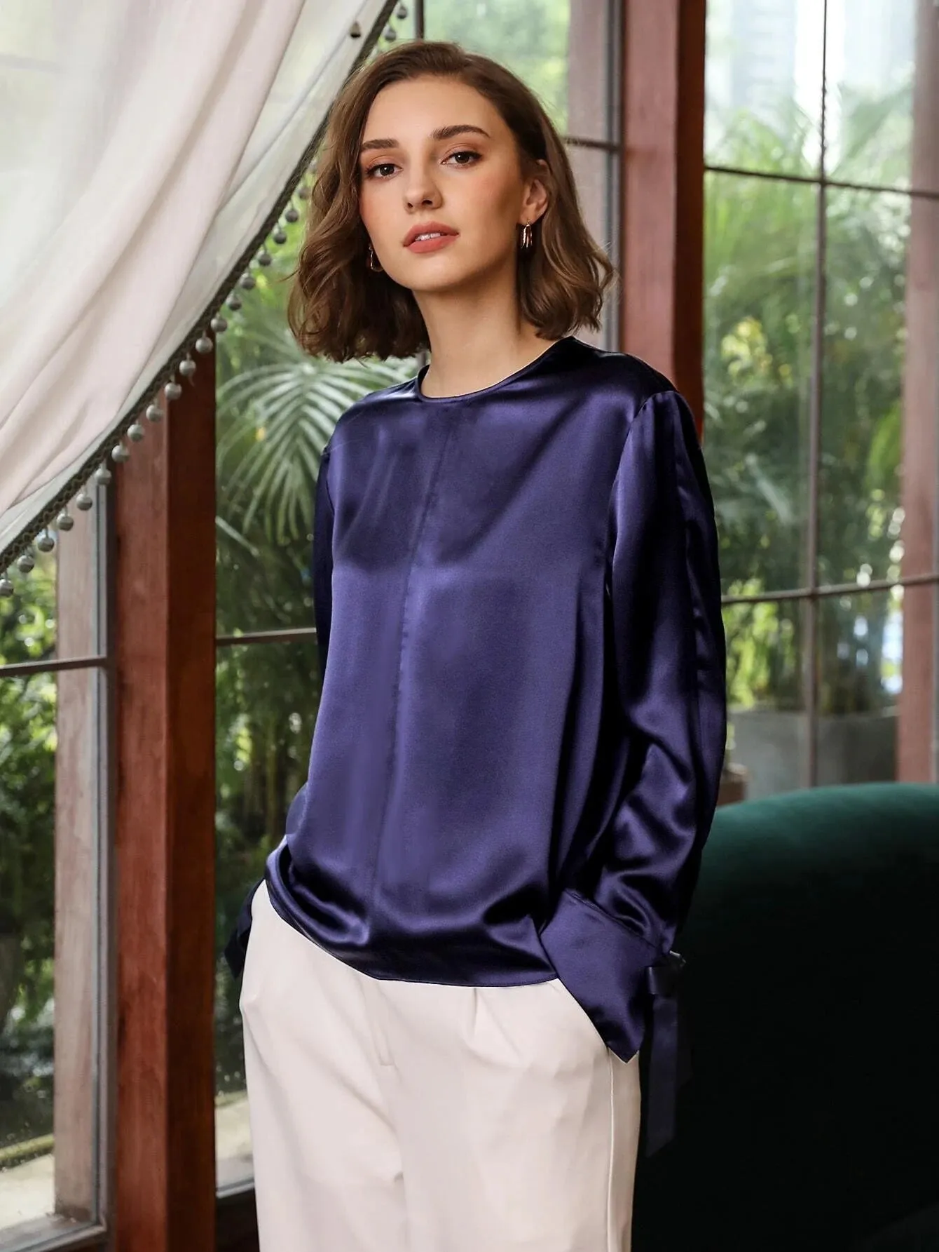 Comfortable 100% Silk Slit Sleeve Top Silk Straight Fit Top Silk Blouse for Women