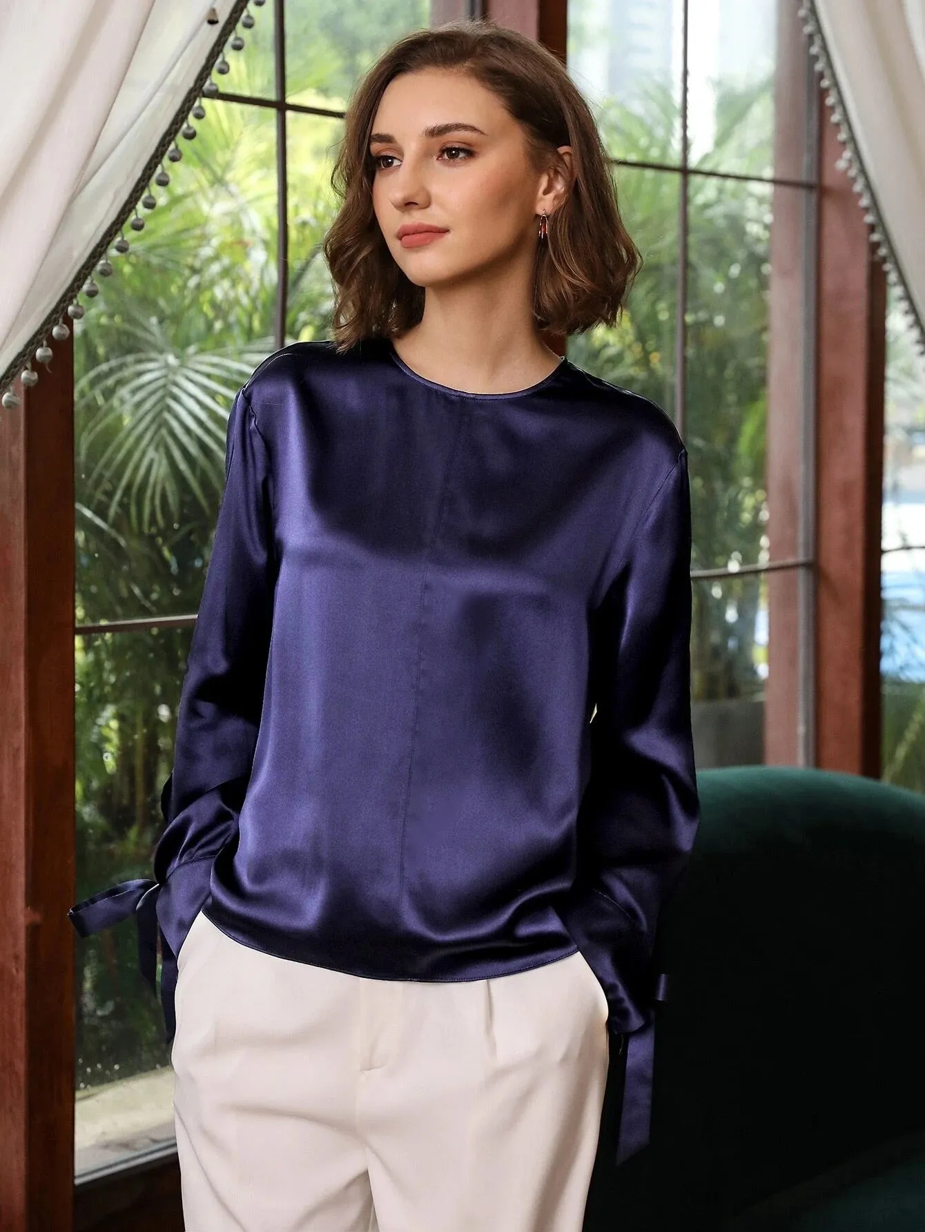 Comfortable 100% Silk Slit Sleeve Top Silk Straight Fit Top Silk Blouse for Women