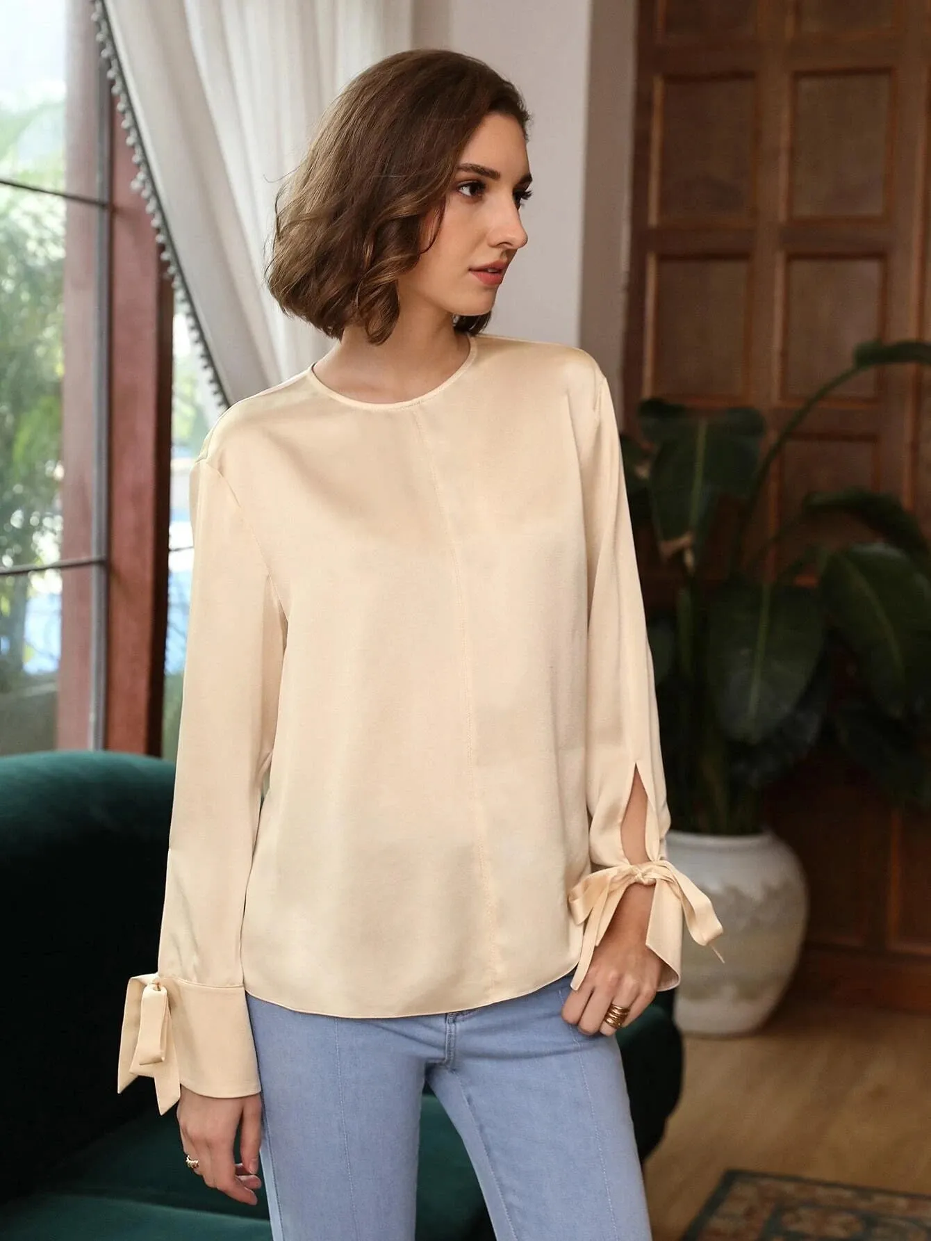 Comfortable 100% Silk Slit Sleeve Top Silk Straight Fit Top Silk Blouse for Women